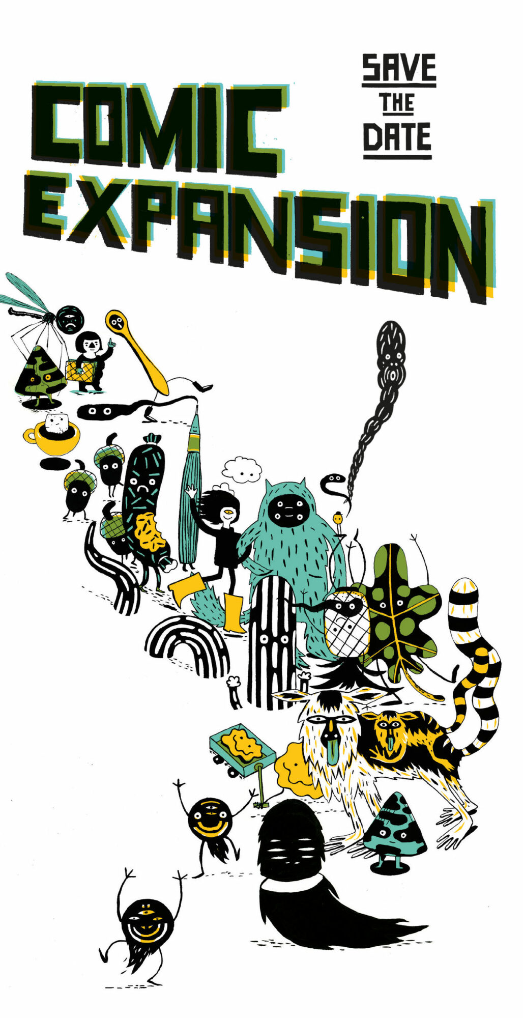 Titelmotiv für die Comicexpansion, illustriert von Nele Brönner. Gezeichnete bunte Phantasiefiguren bilden eine Parade von links oben nach rechts unten.